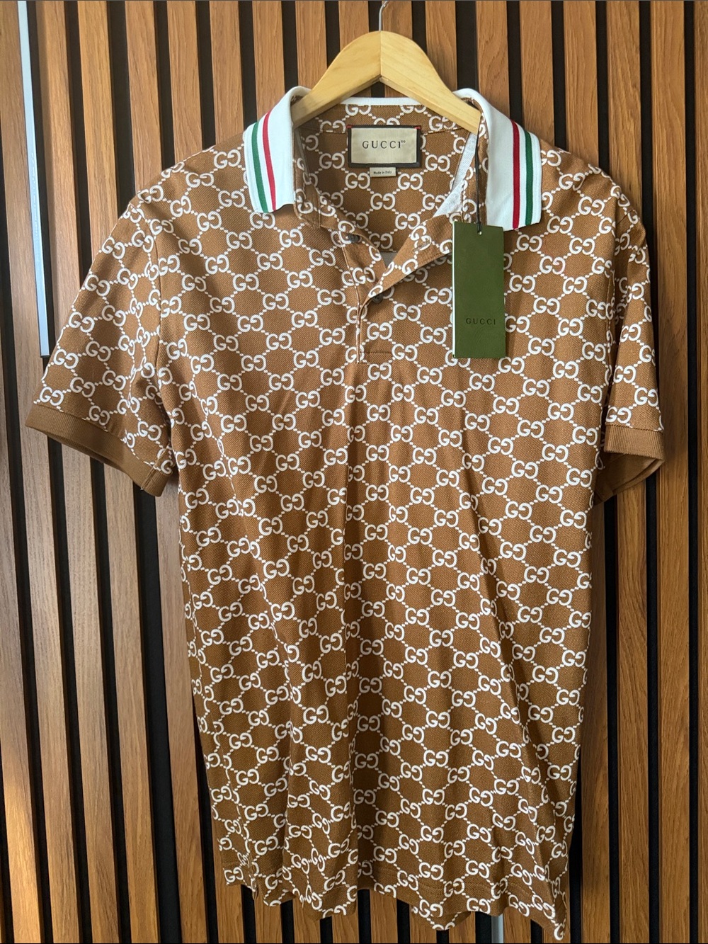 Gucci Brown Polo with White GG Monogram and Striped Collar